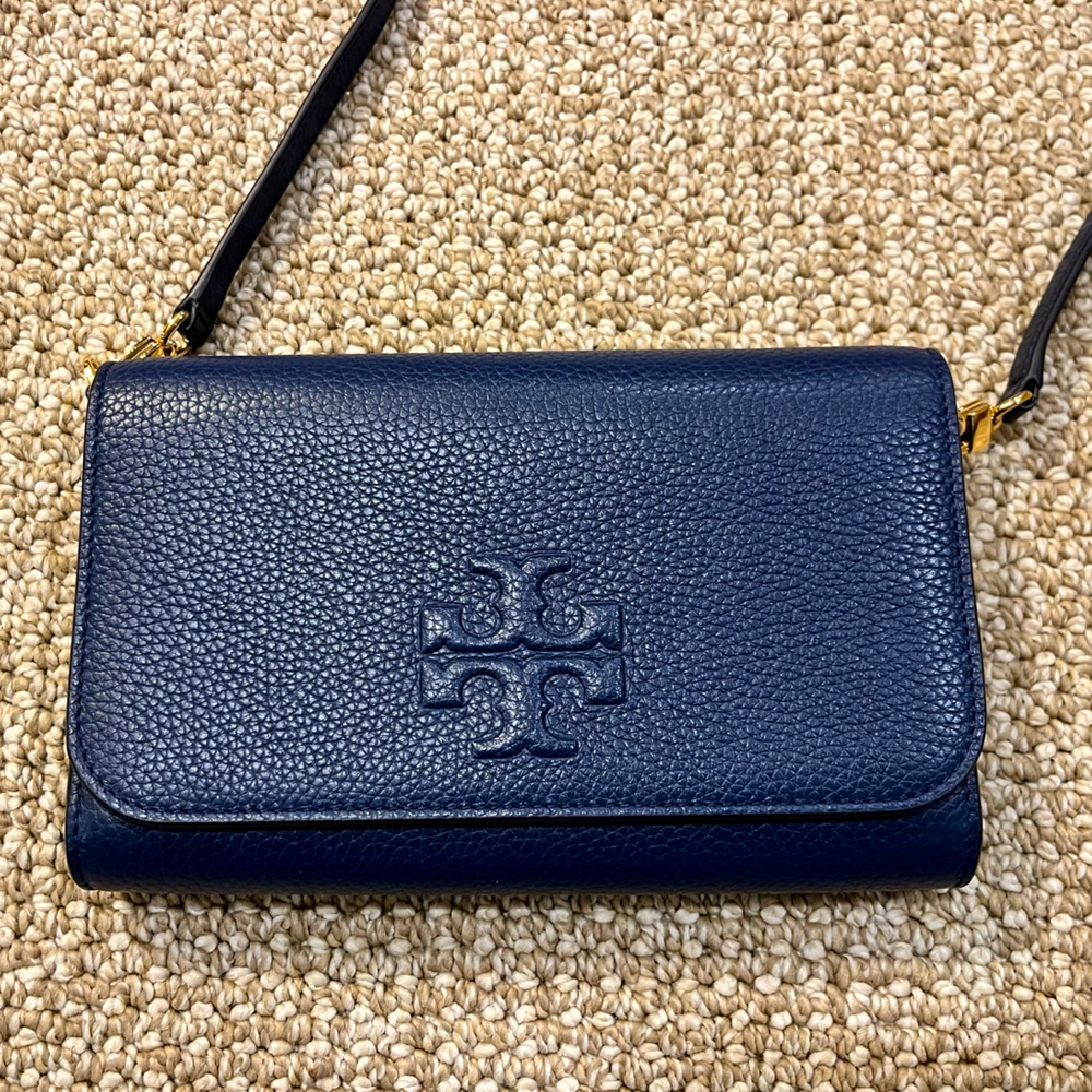 Tory Burch Navy Blue Pebbled Leather Foldover Crossbody Bag